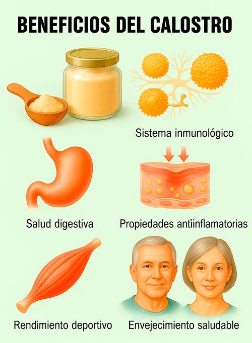 Infografía con los principales beneficios del calostro para la salud