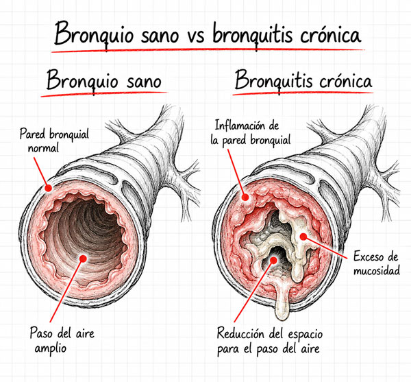 Comparación entre bronquios normales y bronquios inflamados con exceso de mucosidad y menor espacio para el paso del aire.