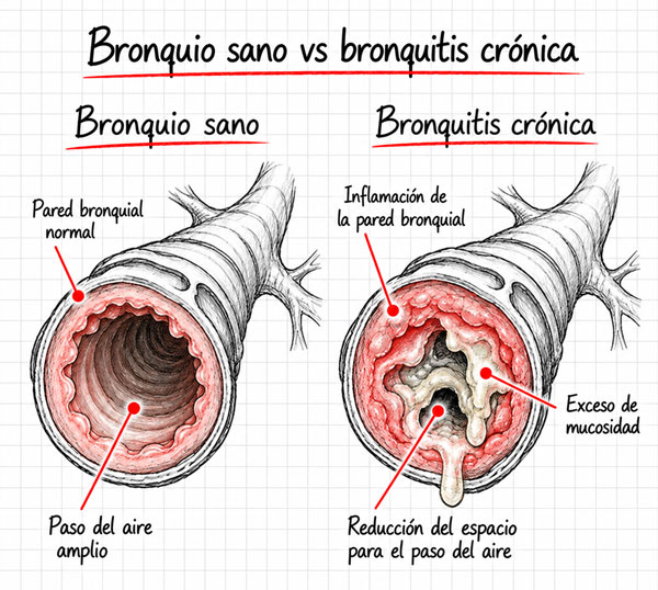 Infografía comparativa de un bronquio sano y un bronquio con bronquitis crónica, con inflamación, exceso de mucosidad y reducción del paso del aire.