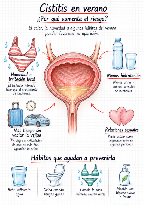 Infografía sobre los factores que pueden aumentar el riesgo de cistitis en verano y los hábitos que ayudan a prevenirla