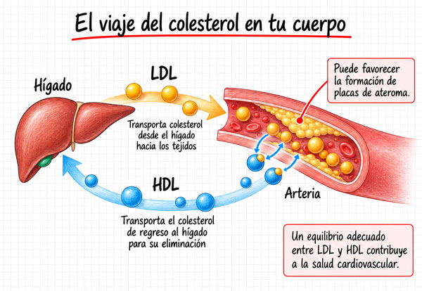 Infografía sobre cómo el colesterol viaja por el cuerpo mediante LDL y HDL, y cómo puede acumularse en la pared de las arterias.