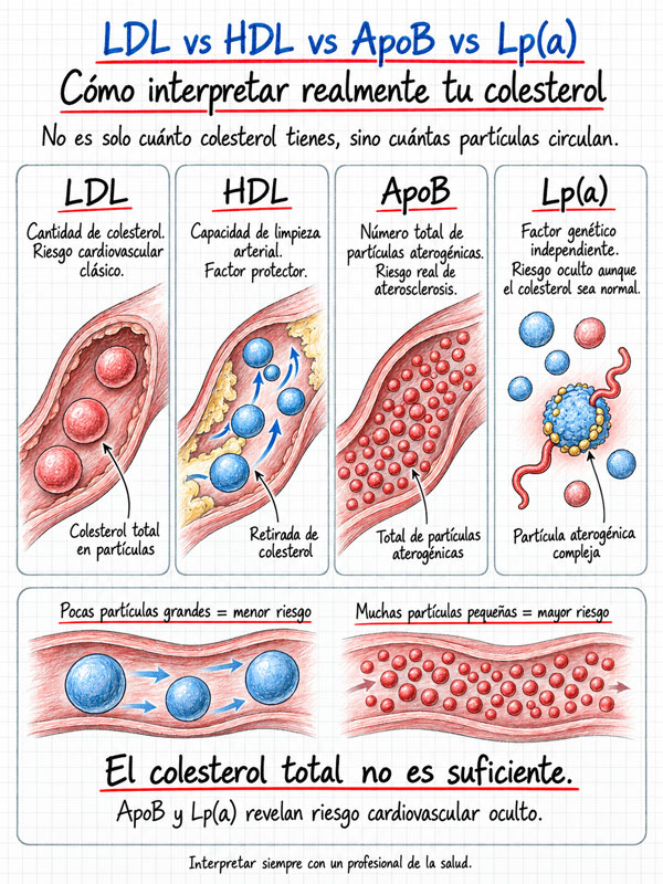 Infografía comparativa de LDL, HDL, ApoB y Lp(a) y su relación con el riesgo cardiovascular y la aterosclerosis.
