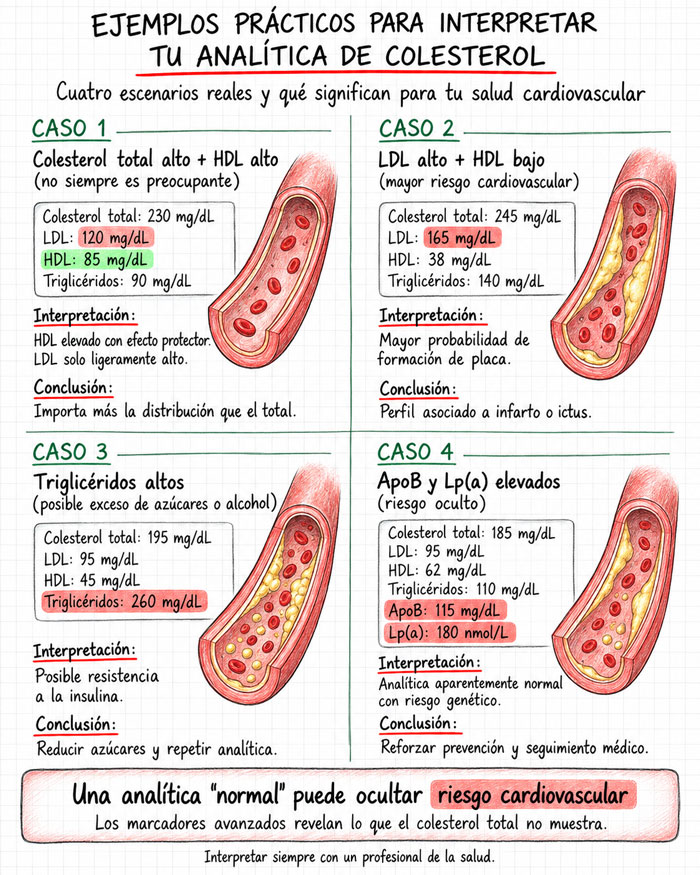 Infografía con ejemplos prácticos para interpretar una analítica de colesterol según LDL, HDL, triglicéridos, ApoB y Lp(a).