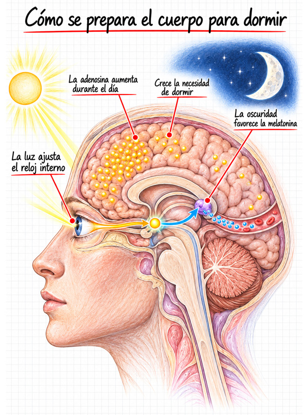 Ilustración de un corte lateral de la cabeza: la luz llega por el ojo al reloj interno, la oscuridad favorece la liberación de melatonina a la sangre y la adenosina se acumula en el cerebro durante el día.