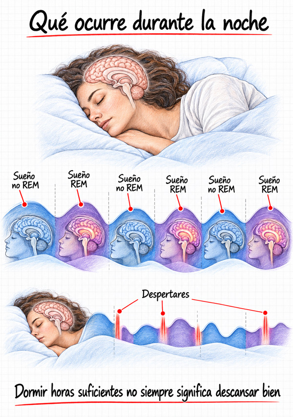 Persona dormida sobre una representación esquemática de la alternancia entre sueño no REM y REM; debajo, otra secuencia muestra despertares durante la noche.
