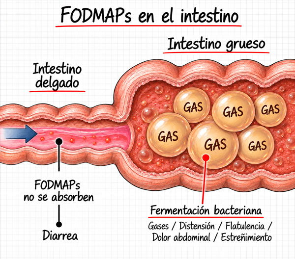 Infografía sobre cómo los FODMAPs no absorbidos pueden fermentar en el intestino y provocar gases, distensión, dolor abdominal, diarrea o estreñimiento