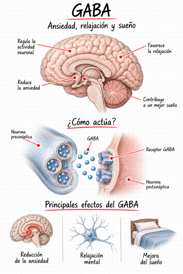 Infografía sobre el GABA, su acción en los receptores neuronales y su relación con la ansiedad, la relajación y el sueño.