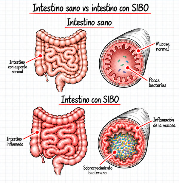 Infografía comparativa de un intestino sano y un intestino con SIBO, mostrando inflamación de la mucosa y sobrecrecimiento bacteriano