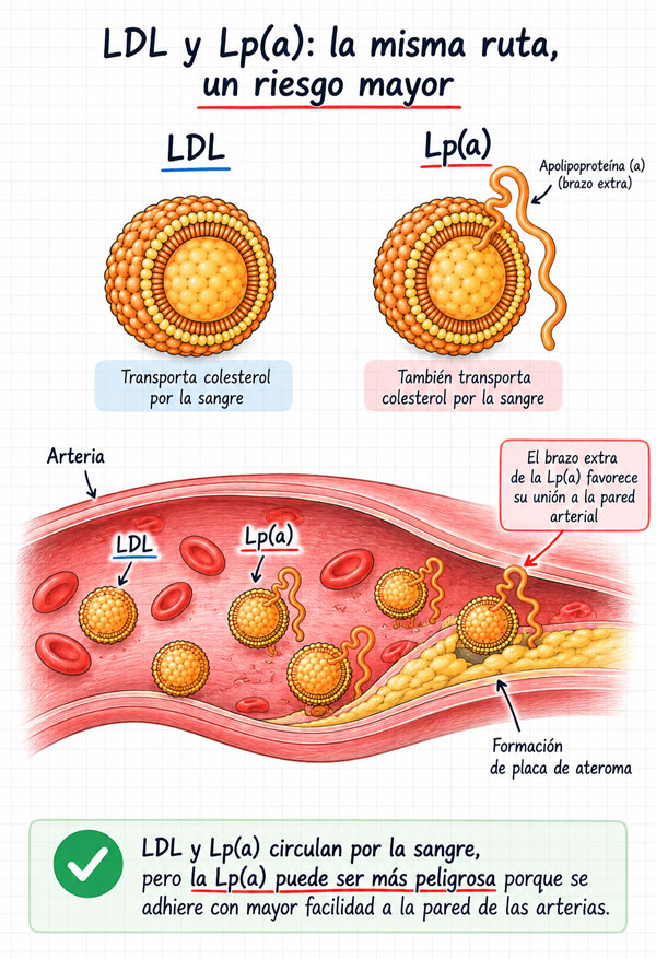 Infografía comparativa de LDL y lipoproteína(a), mostrando la apolipoproteína(a) y su relación con la acumulación de placa en la pared arterial