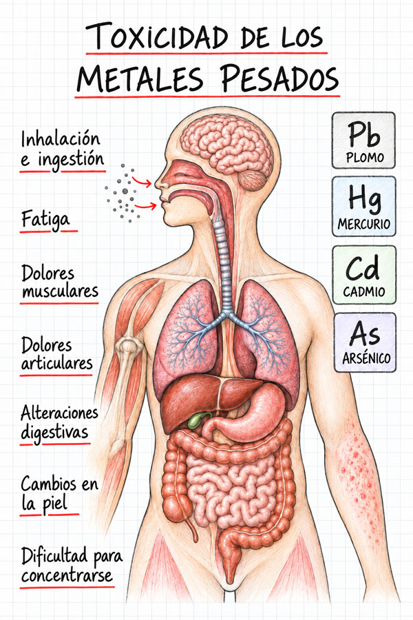 Infografía sobre la toxicidad de metales pesados como plomo, mercurio, cadmio y arsénico y sus posibles efectos en el organismo.