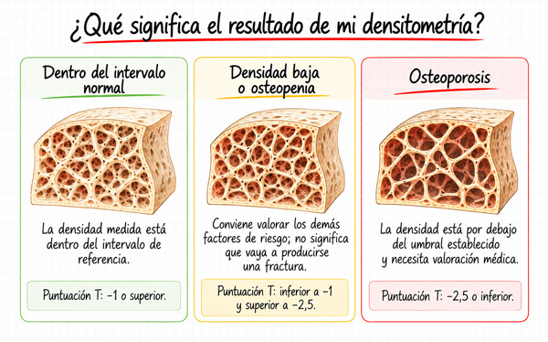 Tres posibles interpretaciones de la densitometría ósea y recordatorio de que también se valoran las fracturas previas
