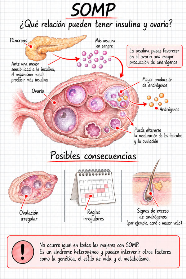 Infografía sobre la relación entre la insulina, la producción de andrógenos y la ovulación en el SOMP.