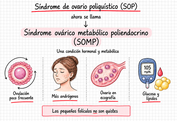 Infografía sobre el cambio de denominación de SOP a SOMP y sus principales características hormonales y metabólicas.