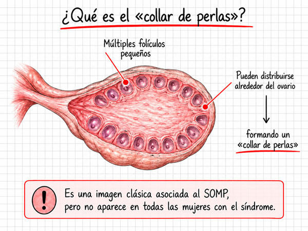 Infografía del ovario con múltiples folículos pequeños distribuidos en forma de collar de perlas, imagen asociada al SOMP.