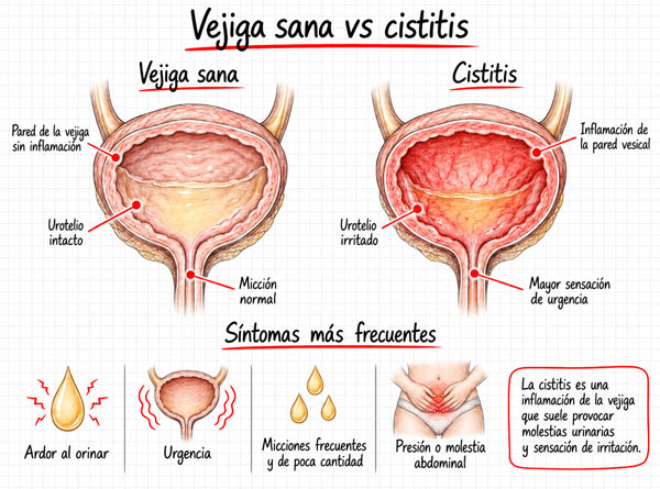 Infografía comparativa de una vejiga sana y una vejiga con cistitis, con inflamación y síntomas urinarios frecuentes.