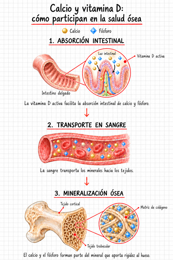 Papel de la vitamina D en la absorción intestinal de calcio y fósforo, su transporte en sangre y la mineralización del hueso