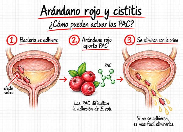 Infografía sobre cómo las PAC del arándano rojo pueden dificultar la adhesión de E. coli a la vejiga y favorecer su eliminación con la orina.
