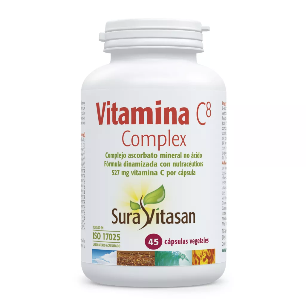Envase de Vitamina C8 Complex 527 mg ocho formas de vitamina C Sura Vitasan