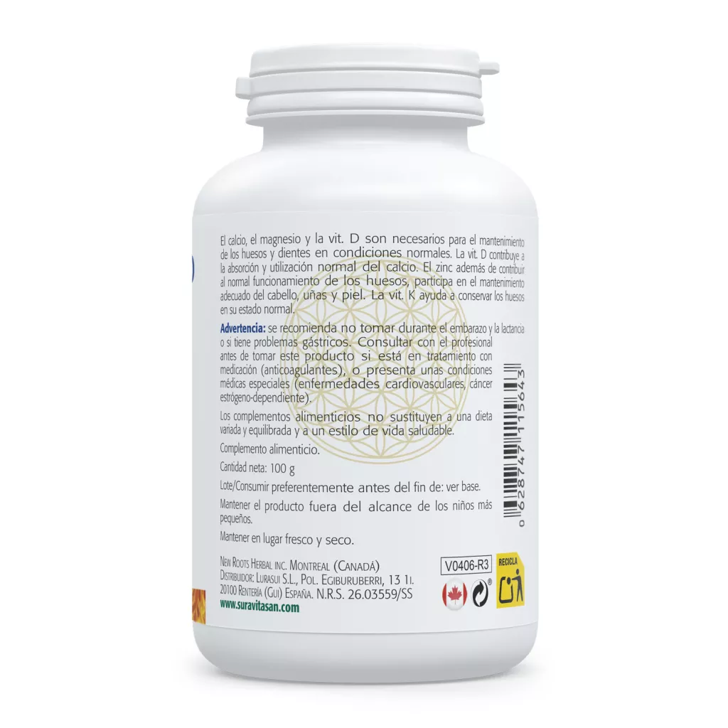 Envase de calcio, magnesio vitamina D, zinc y boro Sura Vitasan