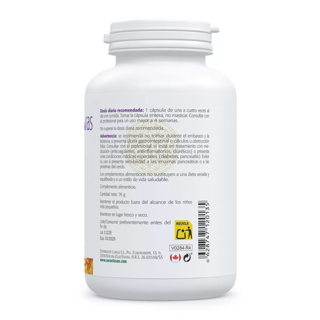 Envase de Enzymas Digestivas con pancreatina y enzimas Sura Vitasan