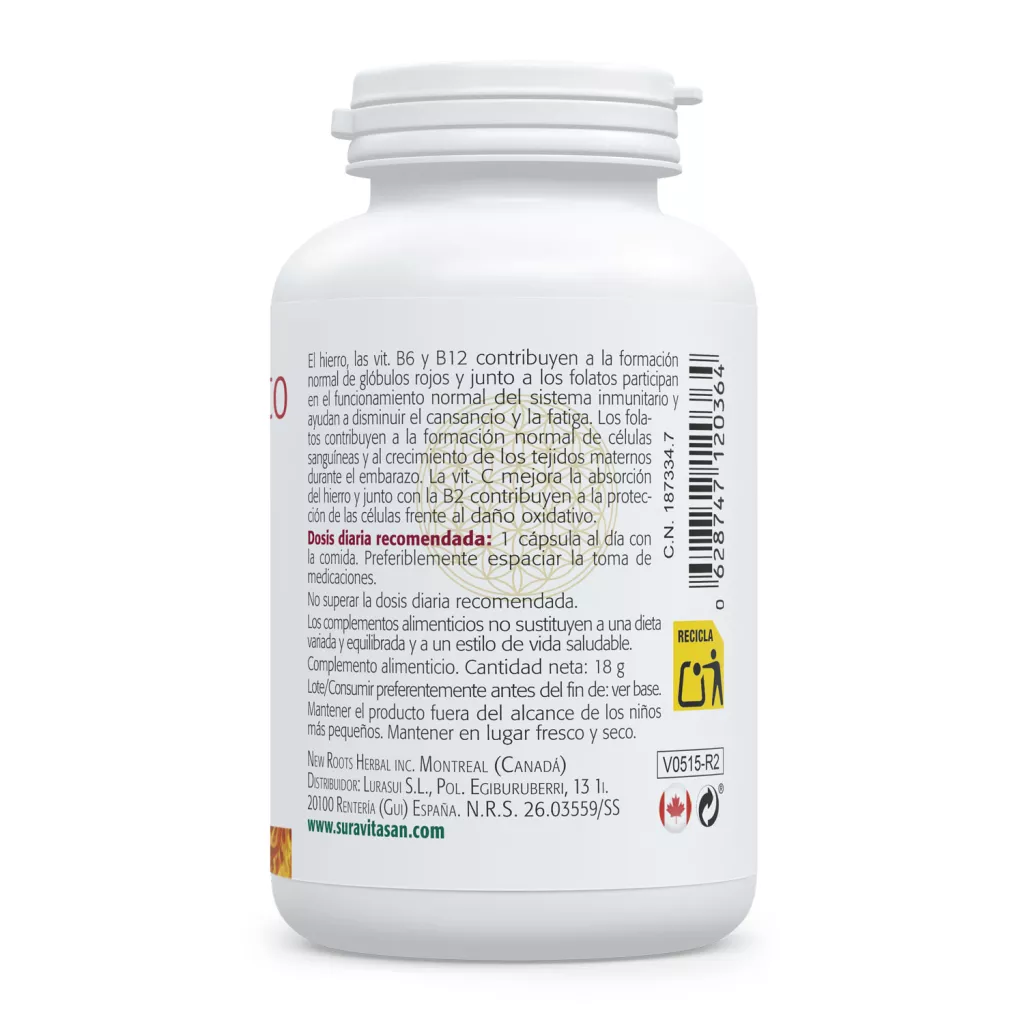 Envase de Hierro Bisglicinato 35 mg con vitaminas del gupo B, vitamina C y cobre Sura Vitasan