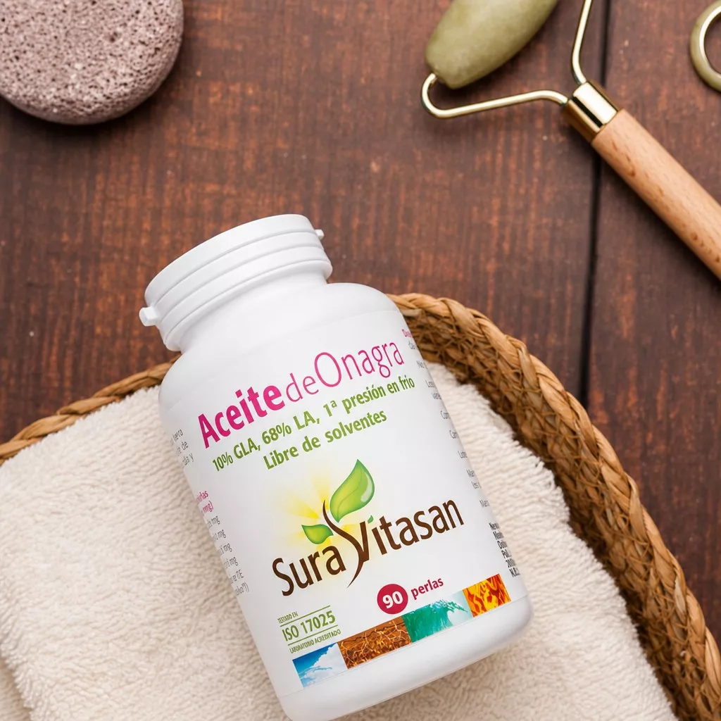 Envase de aceite de onagra 500 mg con GLA y LA de Sura Vitasan