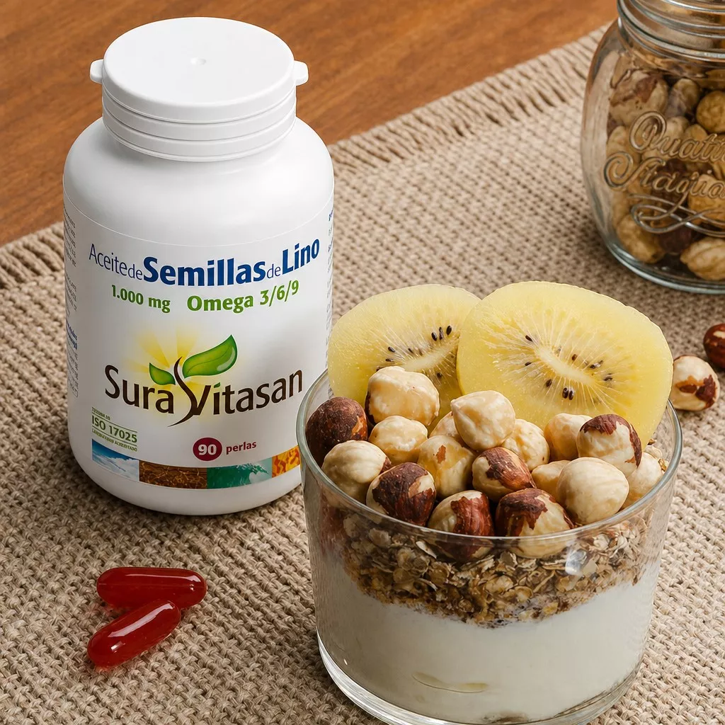 Envase de aceite de lino 1.000 mg omega 3, 6 y 9 vegetal Sura Vitasan