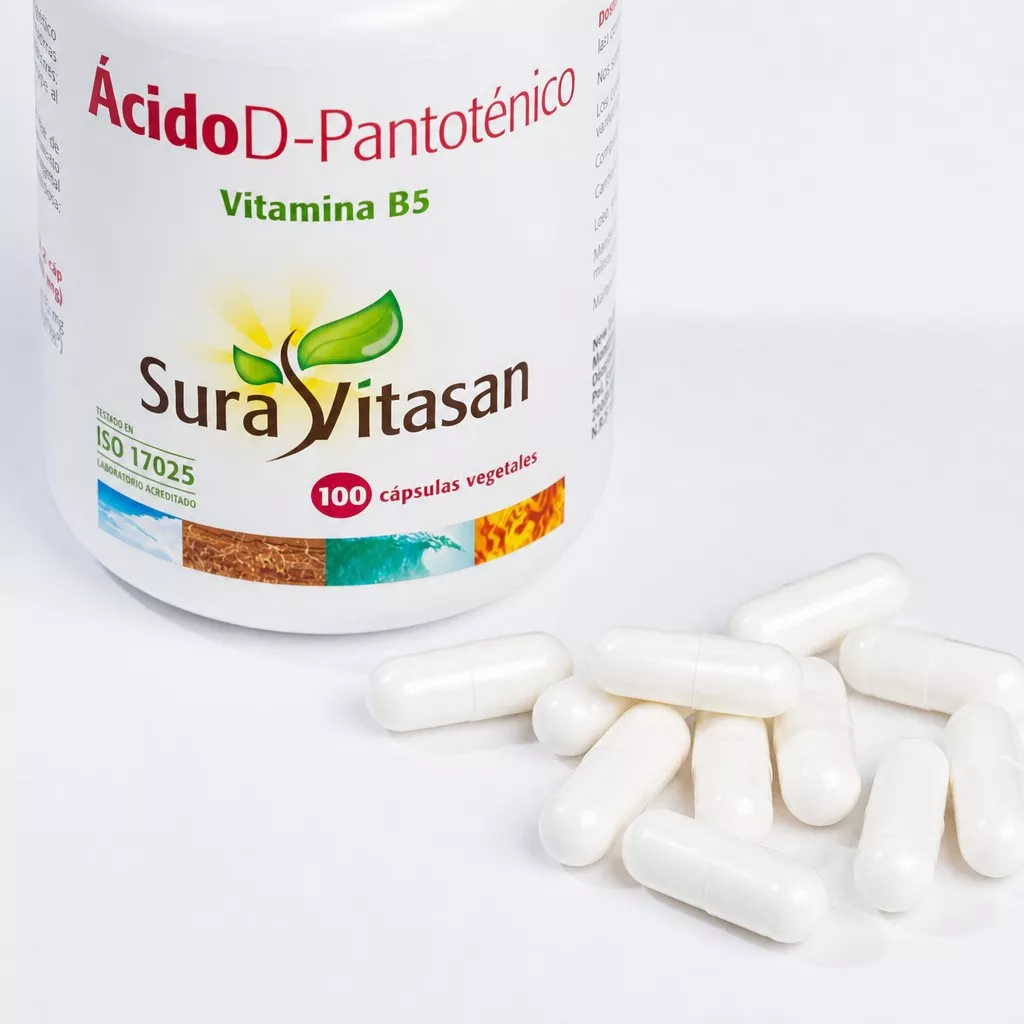 Envase de ácido D-pantoténico 500 mg vitamina B5 Sura Vitasan