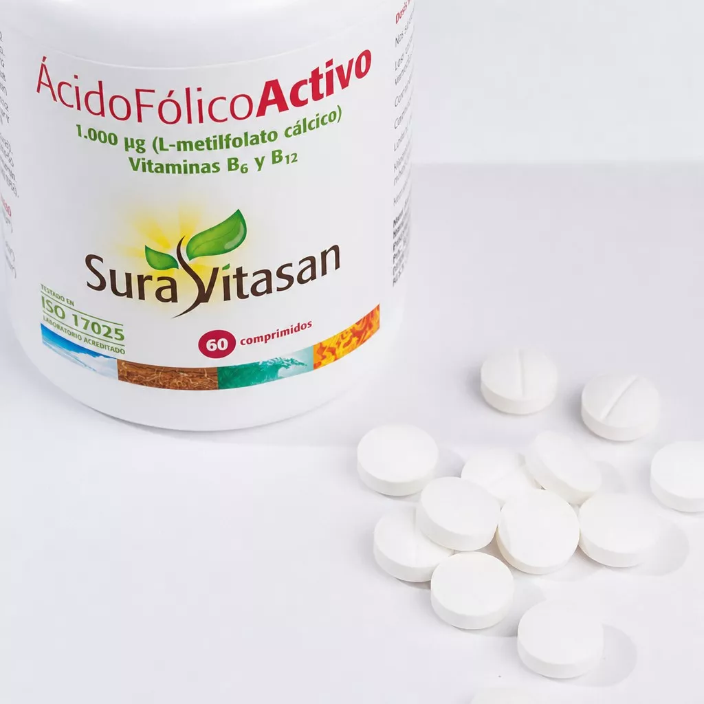 Envase de ácido fólico activo 1000 μg con vitaminas B6 y B12 Sura Vitasan