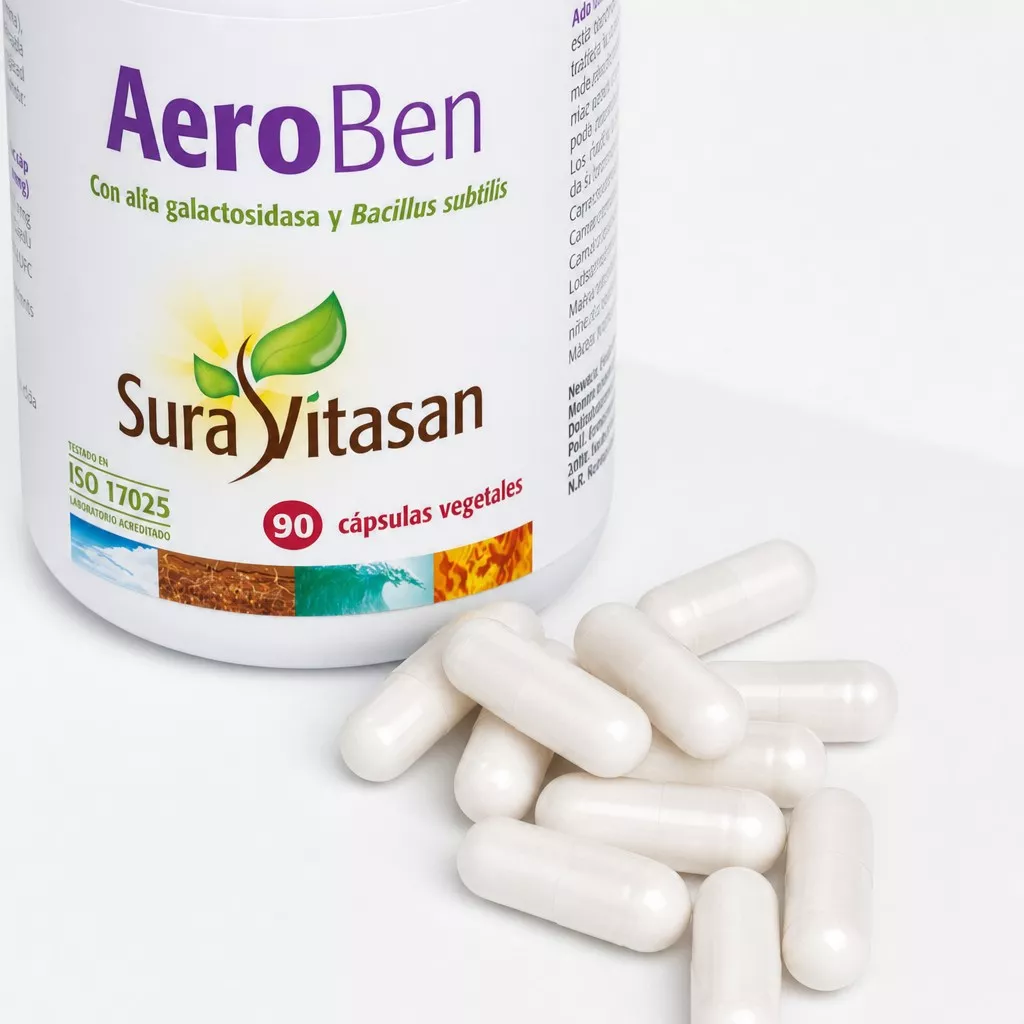 Envase de Aero Ben con alfa-galactosidasa y Bacillus subtilis Sura Vitasan