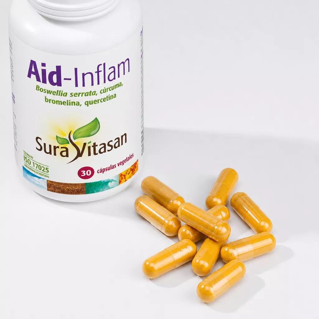 Envase de Aid-Inflam con boswellia, cúrcuma, quervetina y bromelina Sura Vitasan