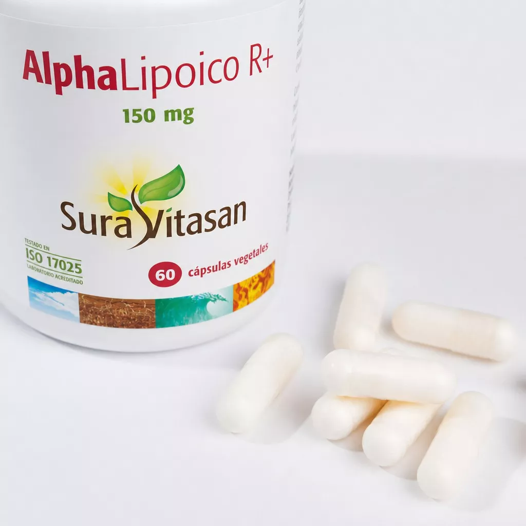 Envase de AlphaLipoico R+ 150 mg antioxidante Sura Vitasan