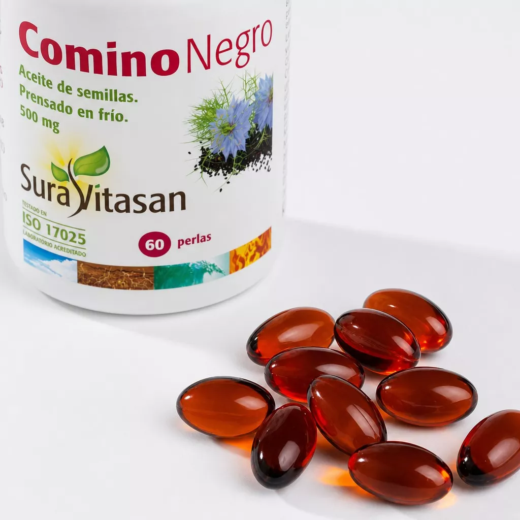 Envase de aceite de comino negro Nigella sativa Sura Vitasan