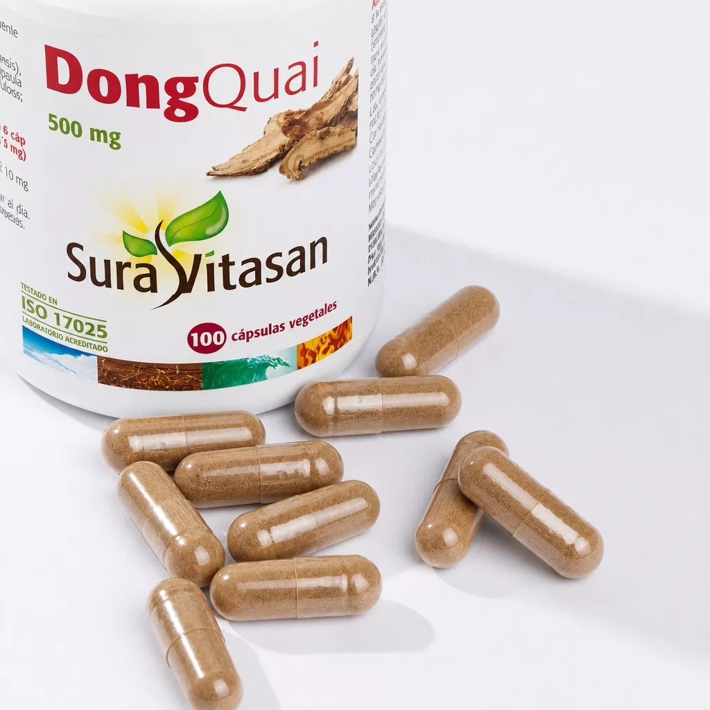 Envase y capsuals de Dong Quai 500 mg Angelica sinensis Sura Vitasan