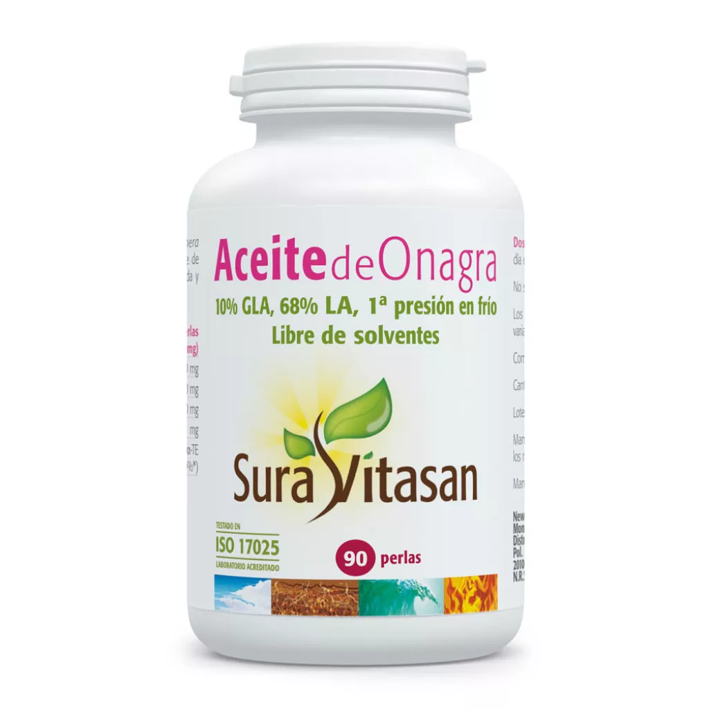 Envase de aceite de onagra 500 mg con GLA y LA de Sura Vitasan