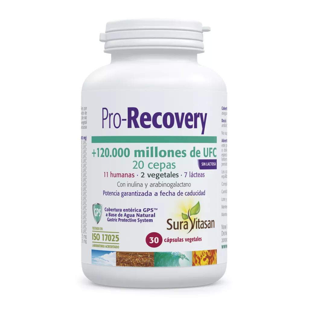 Envase de Pro-Recovery probiótico 120.000 millones UFC Sura Vitasan