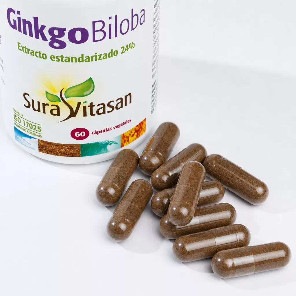 Envase + cápsulas de Ginkgo Biloba extracto estandarizado Sura Vitasan