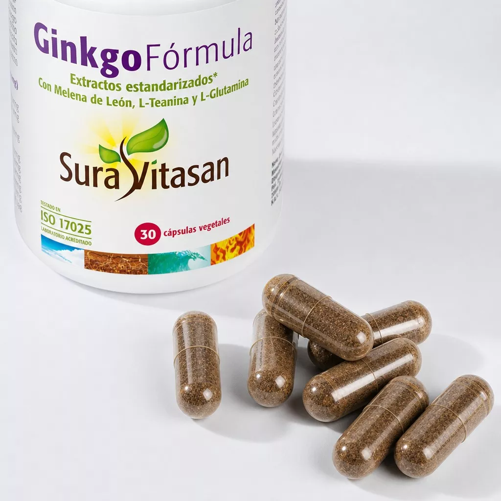 Envase de Ginkgo Fórmula + capsulas rendimiento mental Sura Vitasan