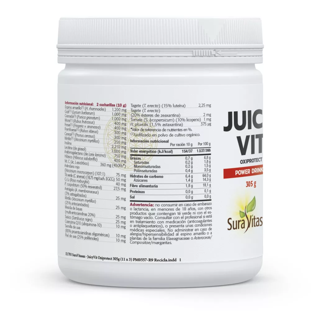 Envase de Juicy Vit Oxiprotect 8 bayas orgánicas + 20 nutracéuticos Sura Vitasan