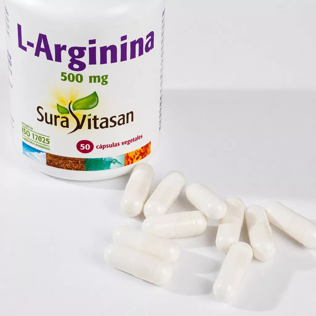 Envase de L-Arginina 500 mg aminoácido en forma libre Sura Vitasan