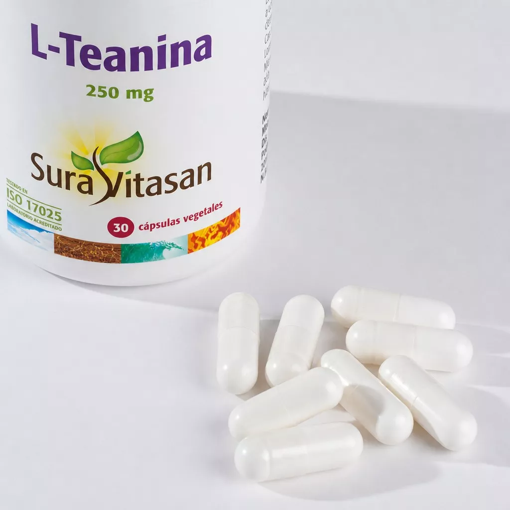 Envase de L-Teanina 250 mg aminoácido del té verde Sura Vitasan
