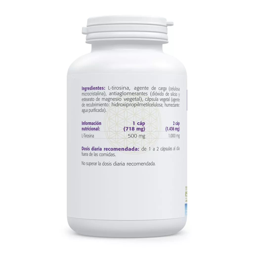 Envase de L-Tirosina 500 mg aminoácido para neurotransmisores Sura Vitasan