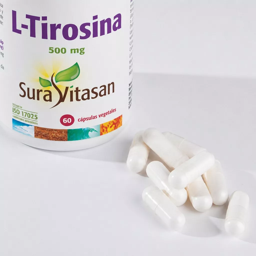 Envase de L-Tirosina 500 mg aminoácido para neurotransmisores Sura Vitasan