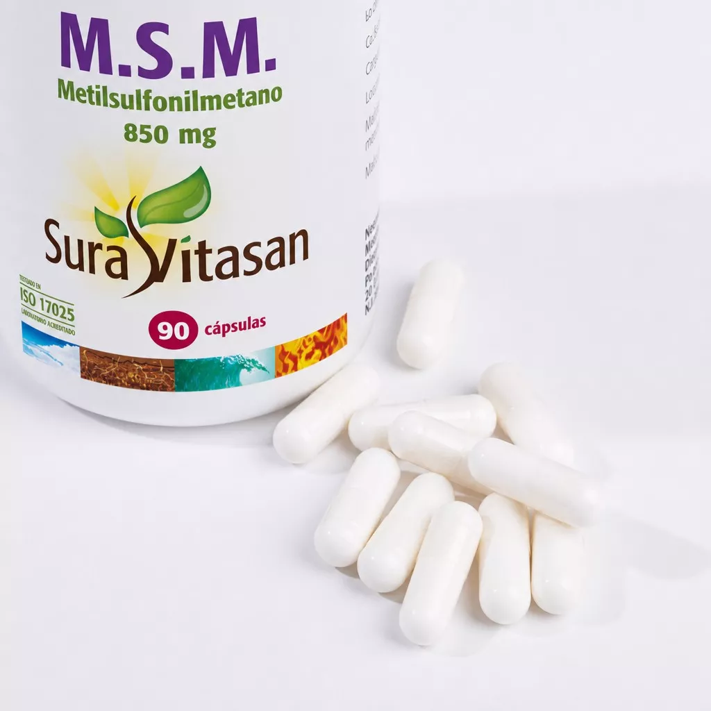 Envase de MSM 850 mg azufre orgánico Sura Vitasan