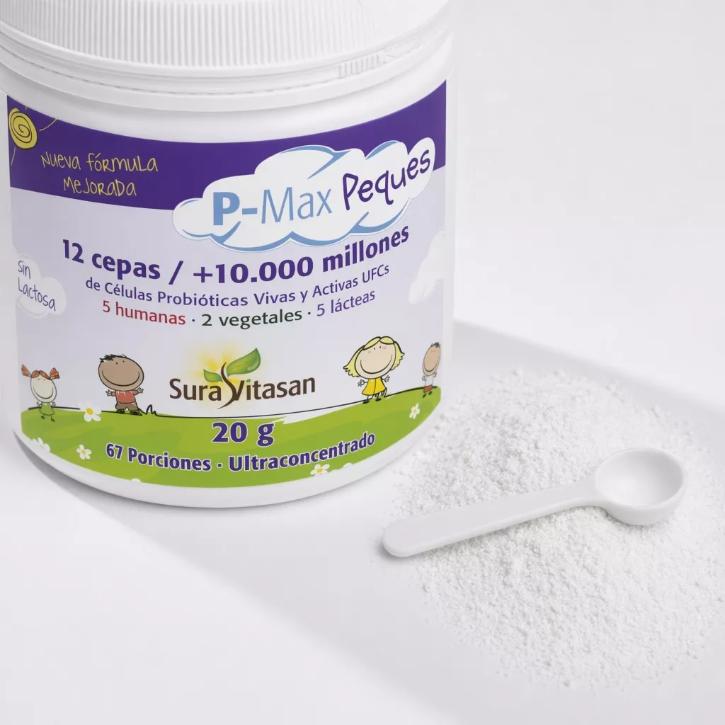 Envase de P-Max Peques probiótico infantil 10000 millones UFC Sura Vitasan