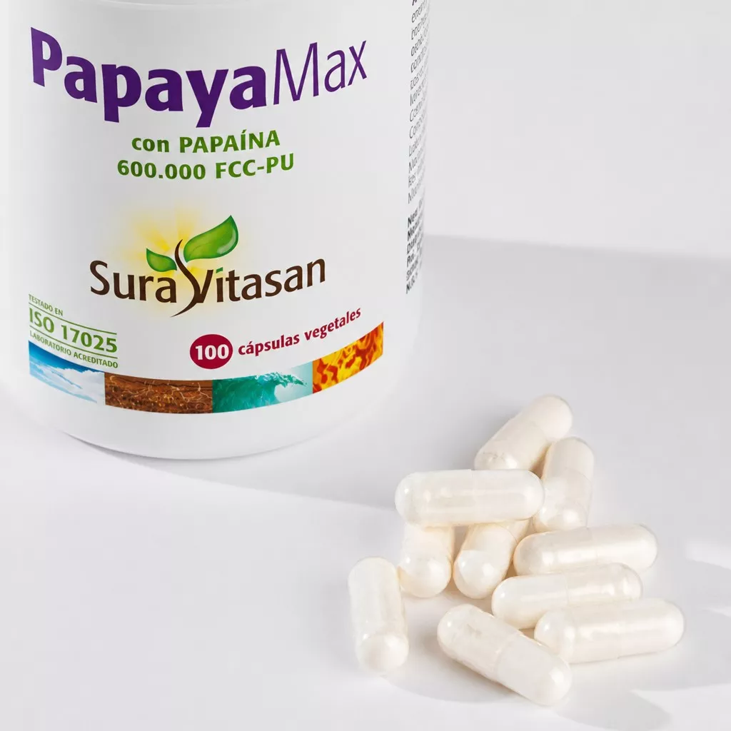 Envase de Papaya Max papaína 600000 FCC-PU y papaya Sura Vitasan