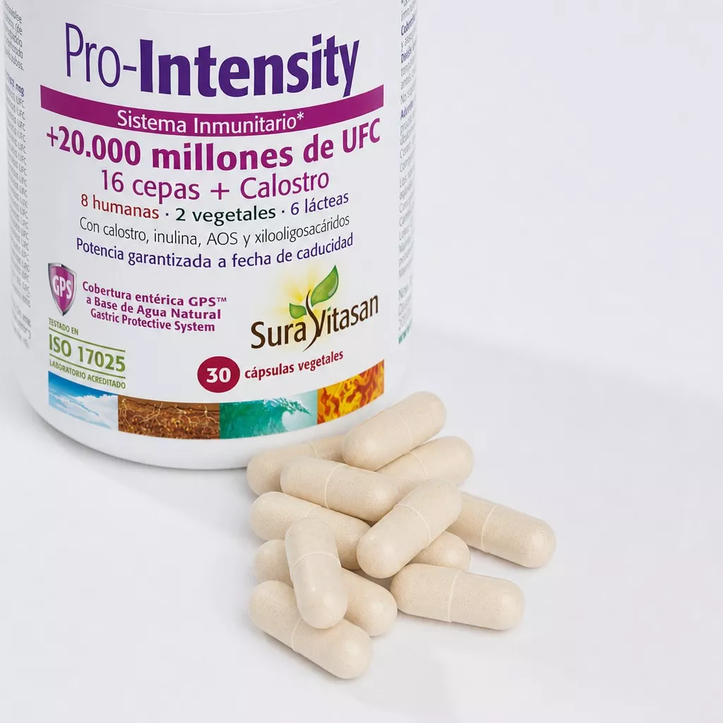 Envase de Pro-Intensity probiótico 20.000 millones UFC con Calostro Sura Vitasan