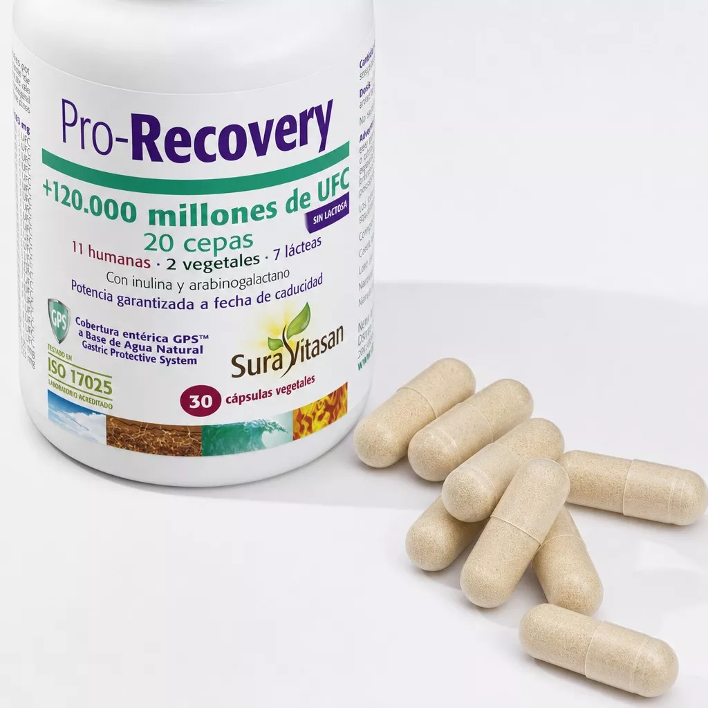 Envase de Pro-Recovery probiótico 120.000 millones UFC Sura Vitasan