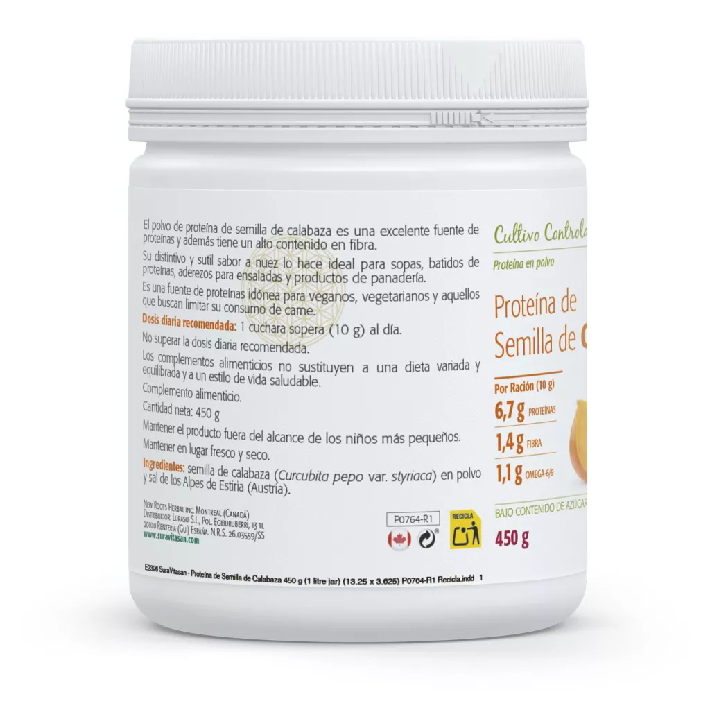 Proteína de Semilla de Calabaza con un 67% de proteína vegetal, alternativa para veganos, vegetarianos y aquellos que buscan limitar su consumo de carne. Conservación de la masa muscular.