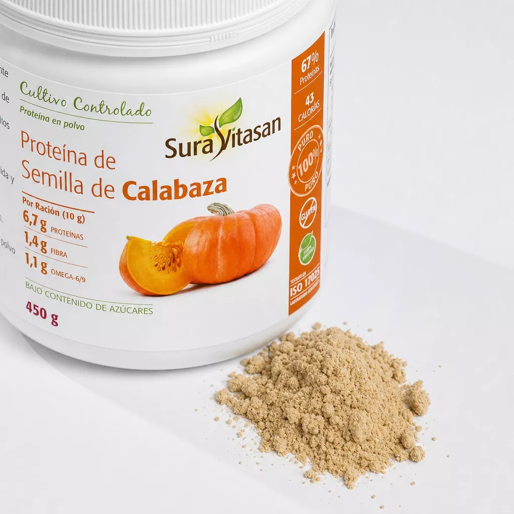 Proteína de Semilla de Calabaza con un 67% de proteína vegetal, alternativa para veganos, vegetarianos y aquellos que buscan limitar su consumo de carne. Conservación de la masa muscular.
